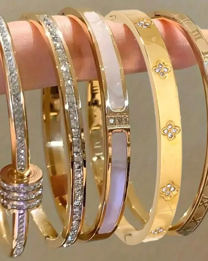 5/1 Uds. Conjunto de pulsera de acero inoxidable con incrustaciones de Zirconia brillante para mujer, brazaletes apilables, regalo de joyería que no se decolora 1