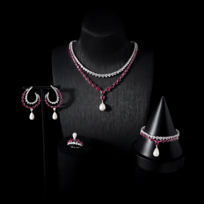 00105 Juego de Joyería Nupcial Clásico de 4 Piezas para Mujer, Lujoso Juego de Collar, Aretes, Pulsera y Anillo con Cristales de Circonio, para Boda, Fiesta de Graduación 1