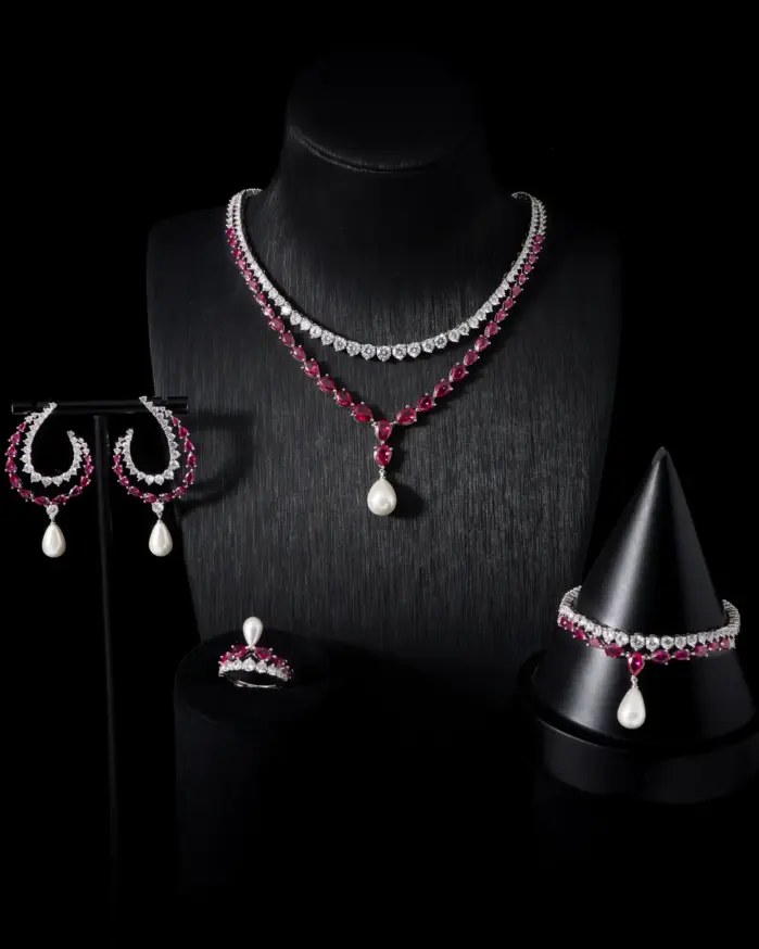 00105 Juego de Joyería Nupcial Clásico de 4 Piezas para Mujer, Lujoso Juego de Collar, Aretes, Pulsera y Anillo con Cristales de Circonio, para Boda, Fiesta de Graduación 1