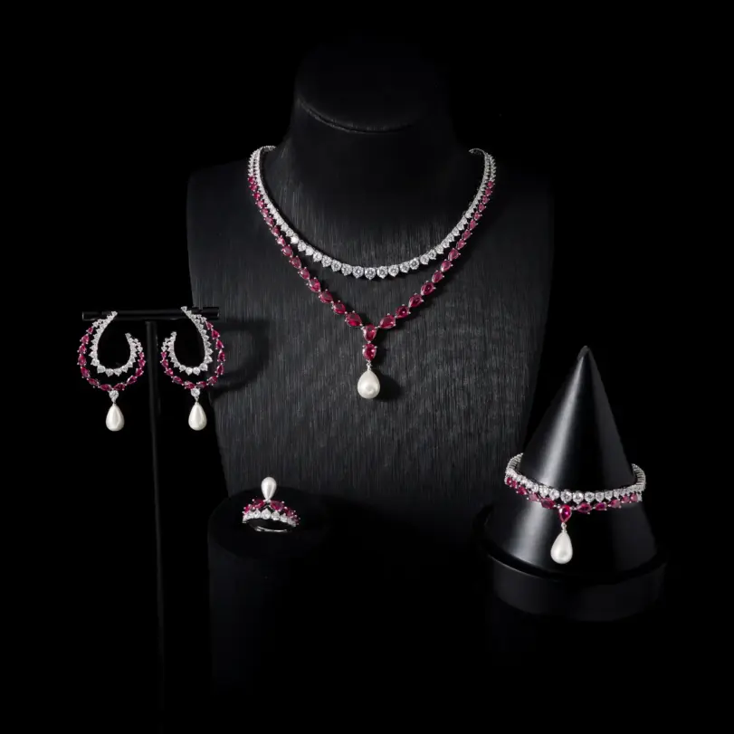 00105 Juego de Joyería Nupcial Clásico de 4 Piezas para Mujer, Lujoso Juego de Collar, Aretes, Pulsera y Anillo con Cristales de Circonio, para Boda, Fiesta de Graduación 1