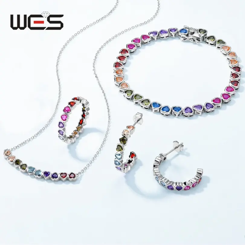 WES-pulsera de plata de ley 925 para mujer, corazón encantador, regalo del Día de San Valentín para novia, joyería de circonia cúbica de arcoíris, venta al por mayor 6