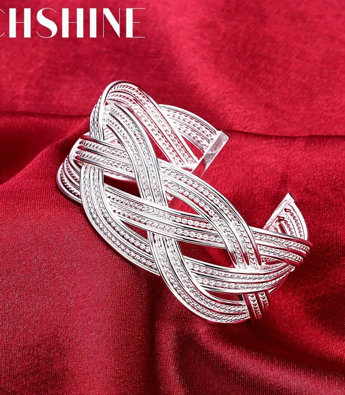 Pulseras de plata de ley 925 para mujer, elegante brazalete de alambre trenzado, moda, boda, fiesta, regalo de Navidad, joyería para chica y estudiante 1