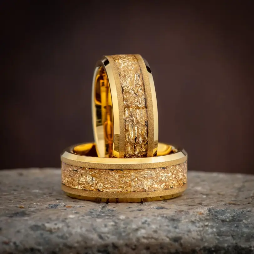 Anillos de boda para hombre de carburo de tungsteno de color dorado de 8 mm con incrustaciones de hoja de oro, ajuste cómodo, joyería de moda, anillo de compromiso, anillos de promesa 1