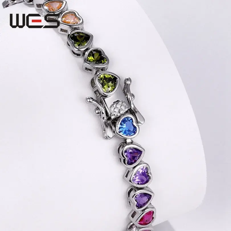 WES-pulsera de plata de ley 925 para mujer, corazón encantador, regalo del Día de San Valentín para novia, joyería de circonia cúbica de arcoíris, venta al por mayor 3
