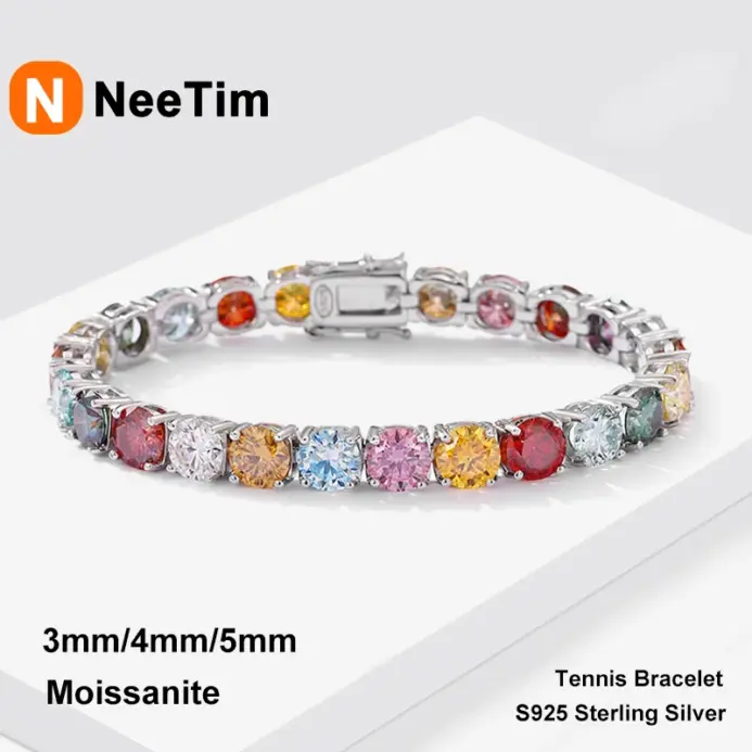 NeeTim, pulseras de tenis de moissanita de arcoíris coloridas de 3mm, 4mm y 5mm para mujer, cadena de pulsera de oro blanco chapada en plata esterlina s925 1