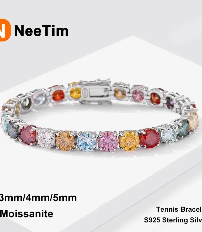NeeTim, pulseras de tenis de moissanita de arcoíris coloridas de 3mm, 4mm y 5mm para mujer, cadena de pulsera de oro blanco chapada en plata esterlina s925 1