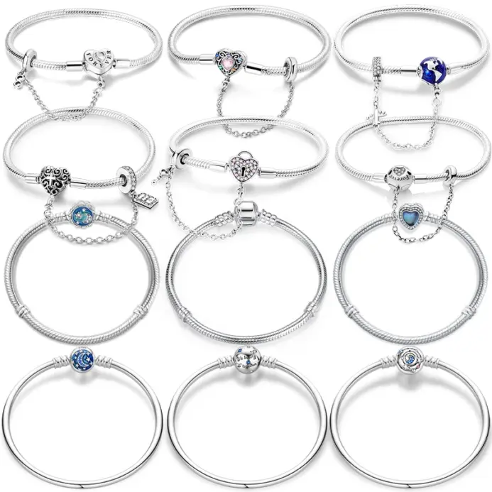 Pulseras de plata de ley 925 con forma de corazón de melocotón para mujer, pulseras de tierra con forma de estrella, Luna, avión, dijes DIY, joyería de fiesta 1