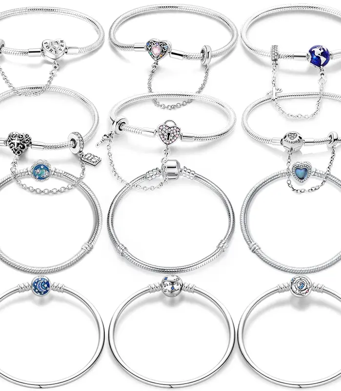 Pulseras de plata de ley 925 con forma de corazón de melocotón para mujer, pulseras de tierra con forma de estrella, Luna, avión, dijes DIY, joyería de fiesta 1