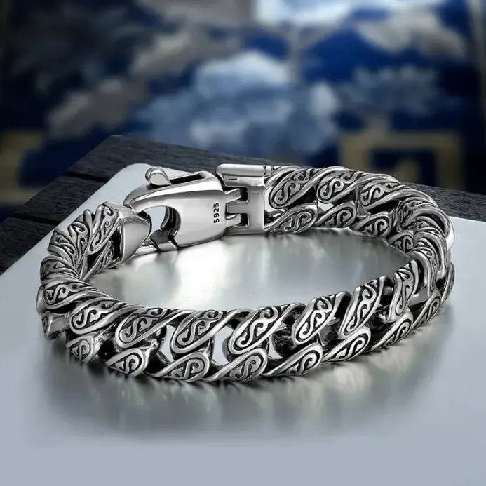 Pulsera de plata de ley S925 auténtica con diseño de hierba Tang para hombre y mujer, pulsera retro de Hip Hop, regalo de joyería certificado a la moda 2