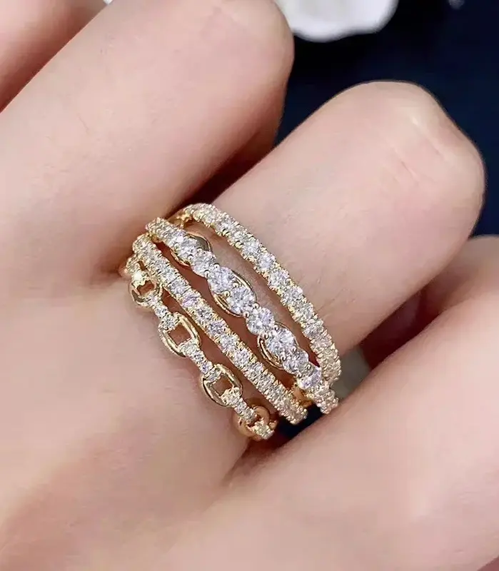 anillos de diseño multicapa para mujer, Color dorado con incrustaciones de circonita brillante, accesorios de lujo, joyería para fiesta de boda y aniversario 2