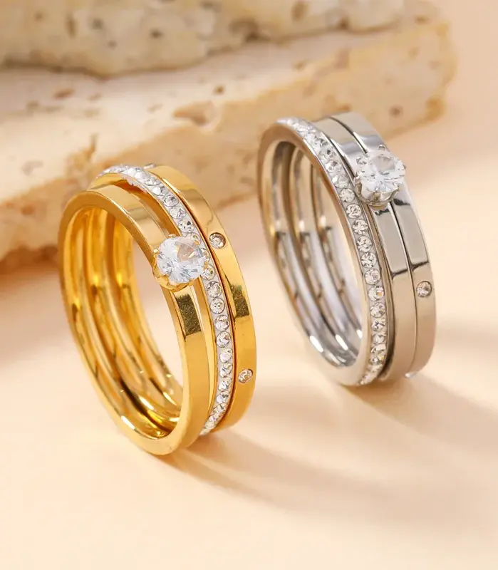 Anillo de acero inoxidable de lujo para mujer, conjunto de tres piezas de circón, accesorio clásico de moda para dedo, joyería, regalos femeninos al por mayor 2