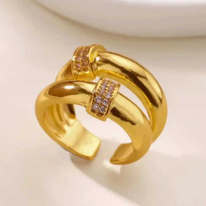 Anillos redondos dobles de circón para mujer, anillos de dedo ajustables geométricos de acero inoxidable de Color dorado, regalos de joyería para parejas de boda 2