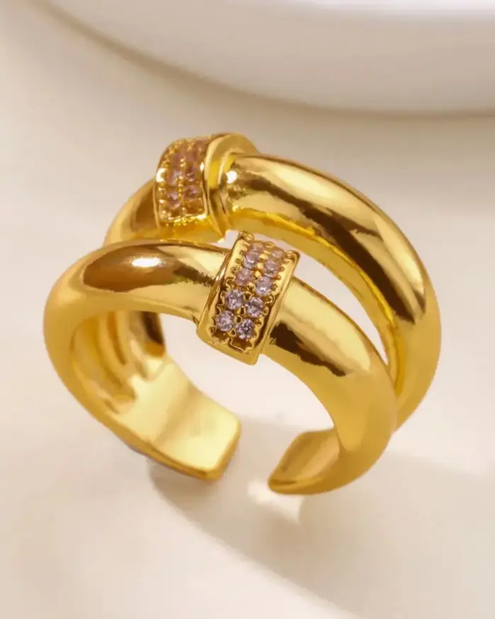 Anillos redondos dobles de circón para mujer, anillos de dedo ajustables geométricos de acero inoxidable de Color dorado, regalos de joyería para parejas de boda 2