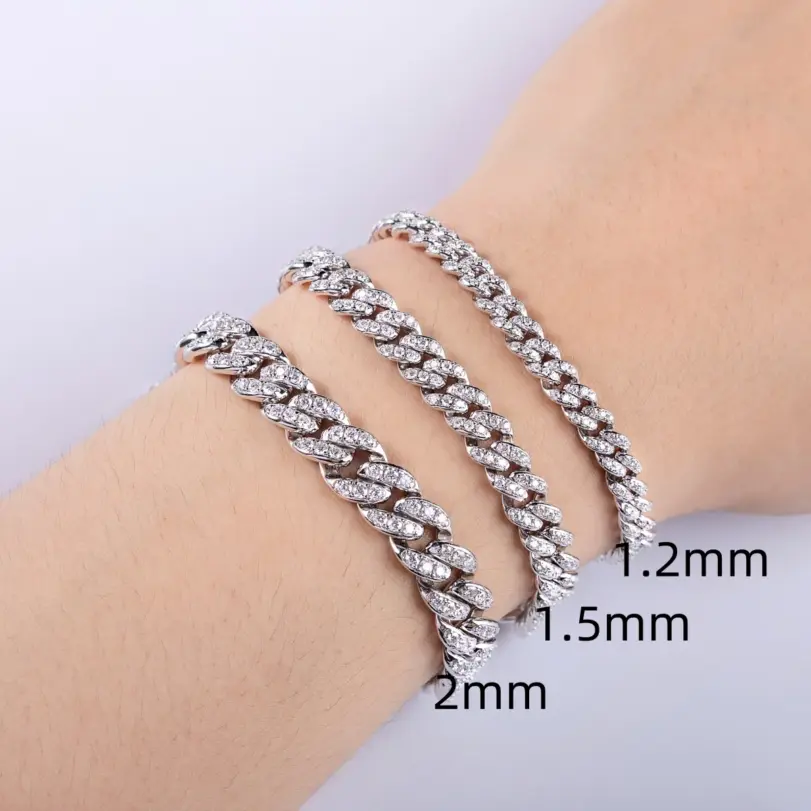 pulsera cubana de moissanita, Plata de Ley 925 de Hip Hop, 1,2mm/1,5mm/2mm, llamativo de Metal pesado llamativo para hombres y mujeres 6