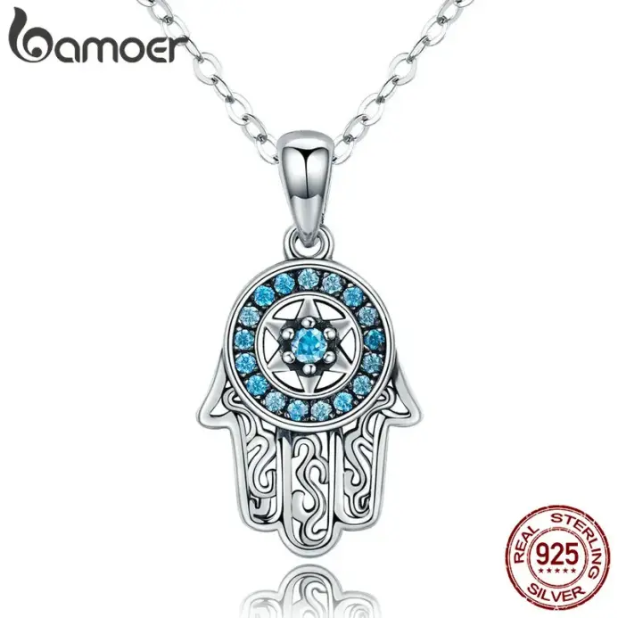BAMOER, Plata de Ley 925 auténtica, colgante de mano de guardia de Fátima a la moda, collares de la suerte de Hamsa para mujer, regalo de joyería fina 1