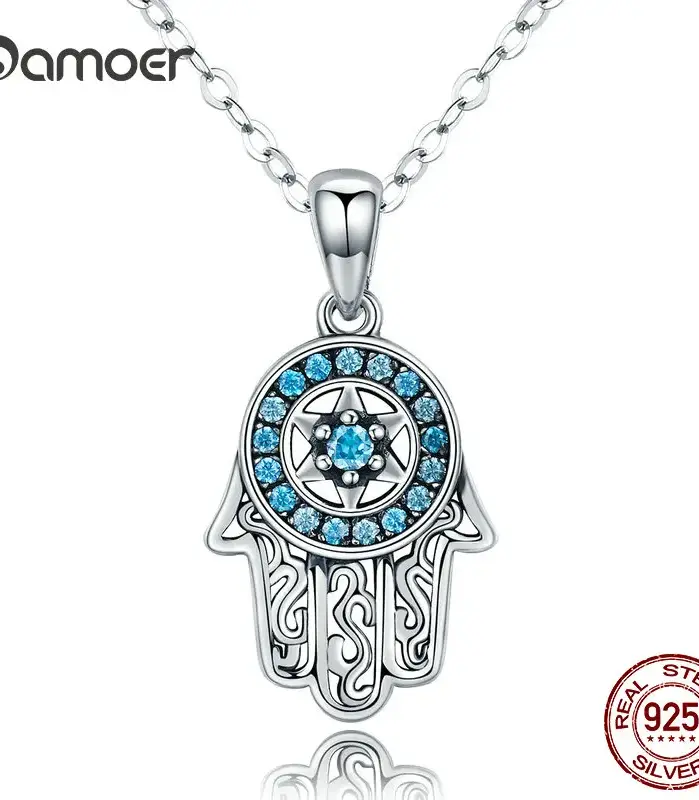 BAMOER, Plata de Ley 925 auténtica, colgante de mano de guardia de Fátima a la moda, collares de la suerte de Hamsa para mujer, regalo de joyería fina 1