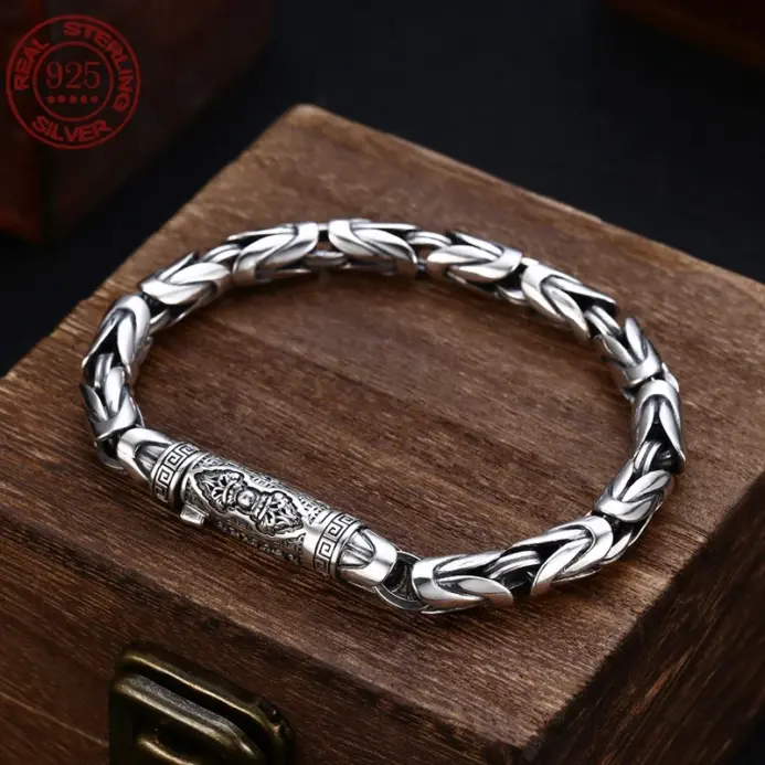 Hechos a mano nuevos de Plata de Ley 925 Retro para hombre, pulsera trenzada segura, pulseras de nicho de Hip Hop con maja de diamante, accesorios de joyería 1