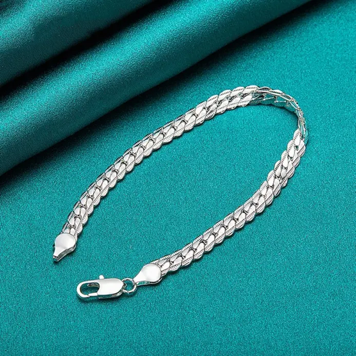 Pulsera de plata 925 a la moda, 6mm, 18/19/20cm, cadena lateral plana, cierre de langosta para mujer, hombre, regalo de joyería de compromiso de boda 2