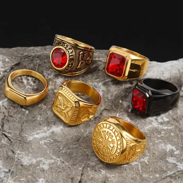 Anillos de nicho retro para hombres, anillos con incrustaciones de piedras preciosas talladas en arte de acero inoxidable, ropa informal de moda para dedos masculinos de Hip Hop 1