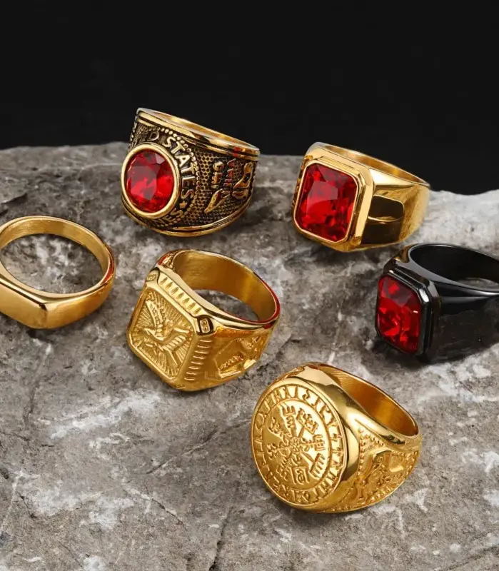 Anillos de nicho retro para hombres, anillos con incrustaciones de piedras preciosas talladas en arte de acero inoxidable, ropa informal de moda para dedos masculinos de Hip Hop 1