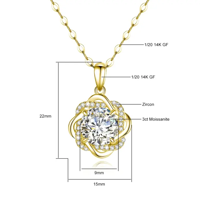 Colgante de flor de moissanita de Color D de 3 quilates de lujo, collar relleno de oro de 1/20 de 14K con certificado, regalo de joyería de cumpleaños y Navidad para mujer 2