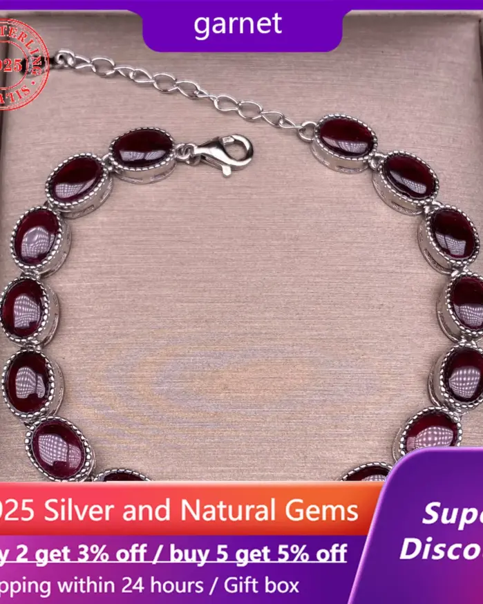 Conjunto de pulsera de plata de ley S925 con 17 granados naturales, joyería de pulsera para mujer sencilla y elegante, adecuada para uso diario 1