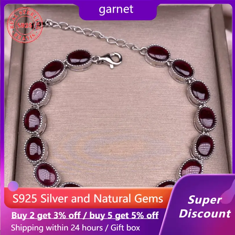 Conjunto de pulsera de plata de ley S925 con 17 granados naturales, joyería de pulsera para mujer sencilla y elegante, adecuada para uso diario 1