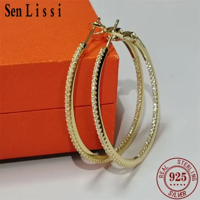 Pendientes de aro Senlissi -18 K de oro con diamantes para mujer, pendientes de plata de ley 925 originales a la moda, anillos Cьги Kotyьца, oro Real 1