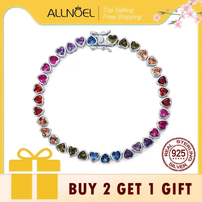 pulsera de tenis de plata sólida 925 para mujer, circón colorido con incrustaciones en forma de corazón, joyería CZ de arcoíris, venta al por mayor 1