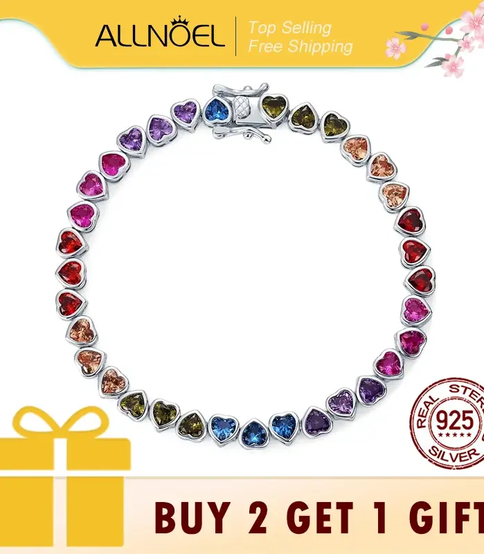 pulsera de tenis de plata sólida 925 para mujer, circón colorido con incrustaciones en forma de corazón, joyería CZ de arcoíris, venta al por mayor 1