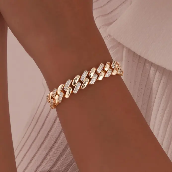 Pulseras de cadena de bloque Vnox para mujer con incrustaciones de circonita cúbica, joyería chapada en oro, regalos para novia 2