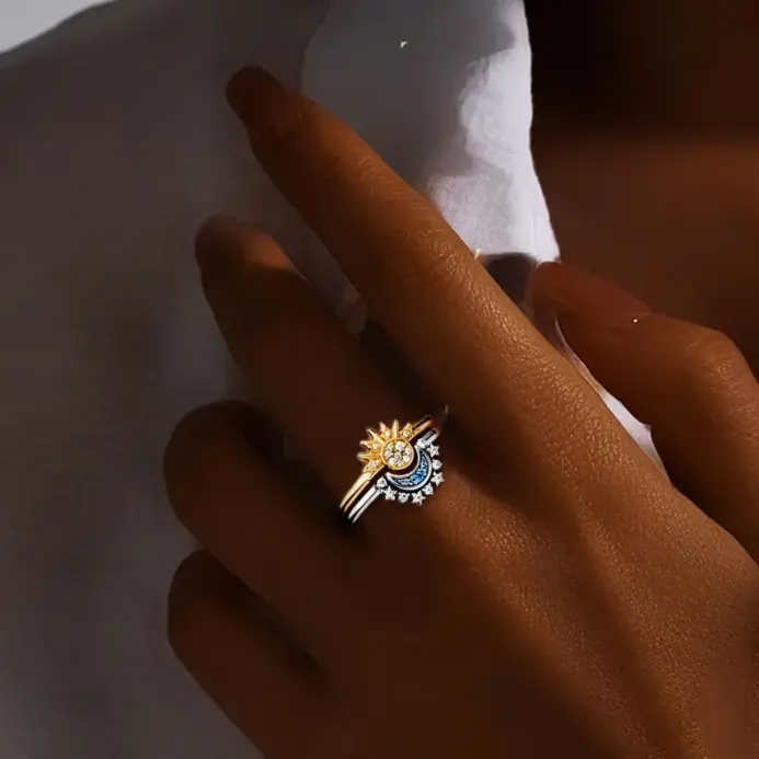 Conjunto de anillos de sol y luna de Plata de Ley 925 para mujer, anillos apilables de circonia cúbica brillante, joyería fina para pareja de promesa 2