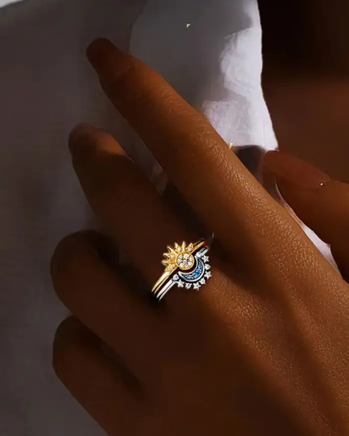 Conjunto de anillos de sol y luna de Plata de Ley 925 para mujer, anillos apilables de circonia cúbica brillante, joyería fina para pareja de promesa 2