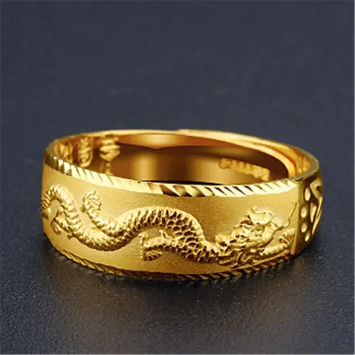 Anillo de oro de 24k para hombre, anillo ajustable con dragón grabado de lujo, joyería de moda para hombre, anillo de dedo de oro amarillo/blanco de dos colores, regalo 2