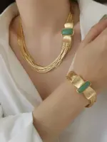 Europa Vintage latón chapado en oro tejido cadena piedra Natural collar de lujo pulsera conjunto mujer joyería de calidad superior 6