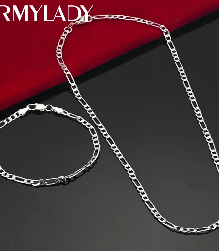 Noble nuevo llega Plata de Ley 925 cadena de 4MM para hombres mujeres pulsera collar conjunto de joyería señora regalos de Navidad encantos boda 1