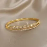 Pulsera chapada en oro con circonita brillante de lujo para mujer, brazalete con hebilla abierta geométrica elegante para novia, regalo de joyería de boda 5