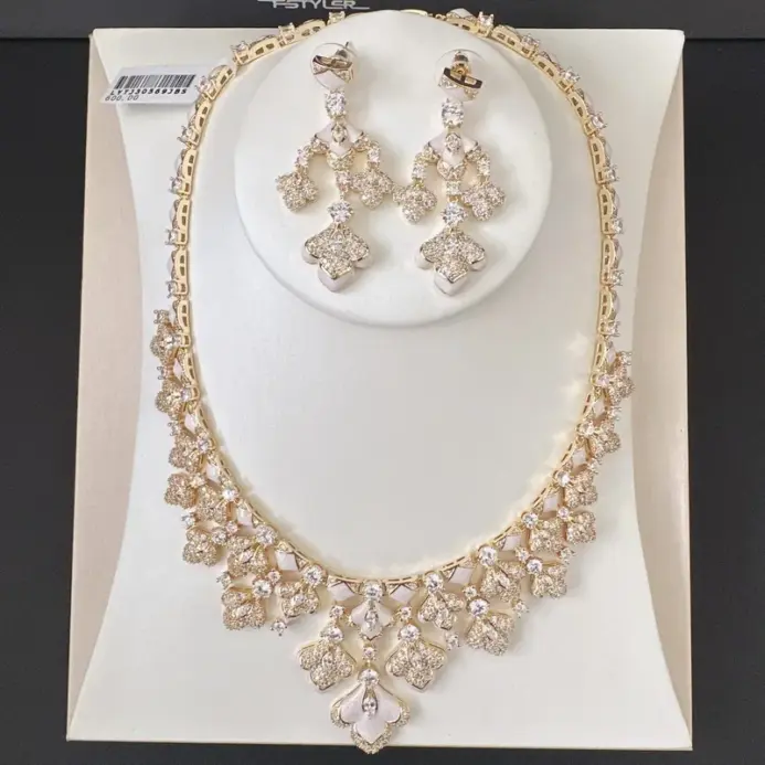 Colección de diseñador, pendientes, collar para mujer, incrustaciones de circonita cúbica, borlas esmaltadas, conjuntos de joyería de Color dorado chapado 1