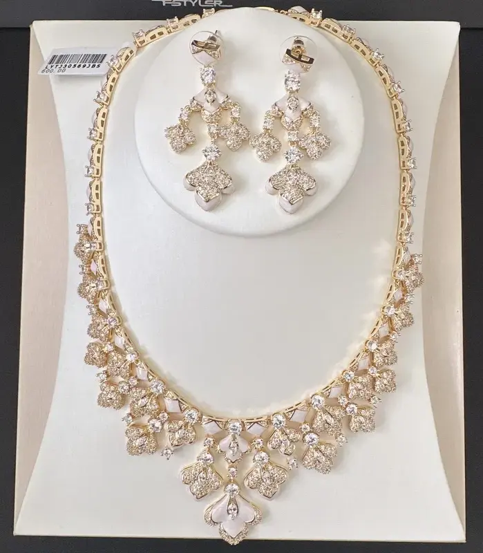 Colección de diseñador, pendientes, collar para mujer, incrustaciones de circonita cúbica, borlas esmaltadas, conjuntos de joyería de Color dorado chapado 1