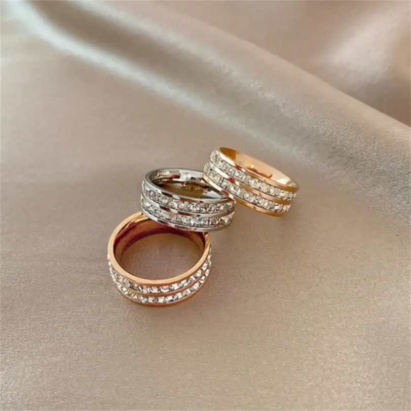 Anillo de acero inoxidable con circonita cuadrada de doble hilera de oro rosa de lujo, joyería romántica para fiesta y boda, regalo para mujer 5