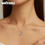collares de plata de ley 925 con forma de gato y Luna, colgante de circonitas de cristal, cadena ajustable para el cuello, regalo de joyería fina 2