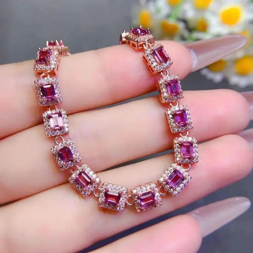 Pulsera de piedras preciosas de lujo para boda, 3mm x 4mm, granate Natural de 3 quilates, chapado en oro, joyería de plata 925 granate 6