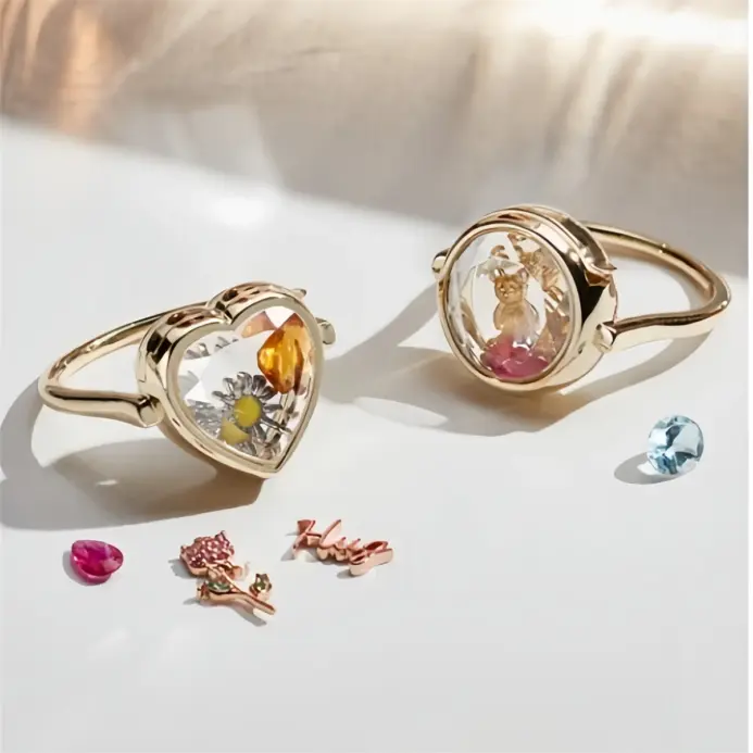 Anillo de caja circular en forma de corazón, superventas, que se puede abrir, accesorios de circonio coloridos DIY chapados en oro 1