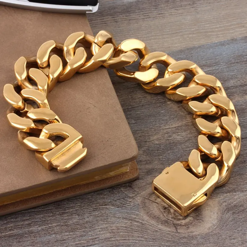 Pulseras de acero inoxidable color oro, impermeables, para hombre, con cadena cubana, estilo hip hop, brazalete, joyería masculina. 2