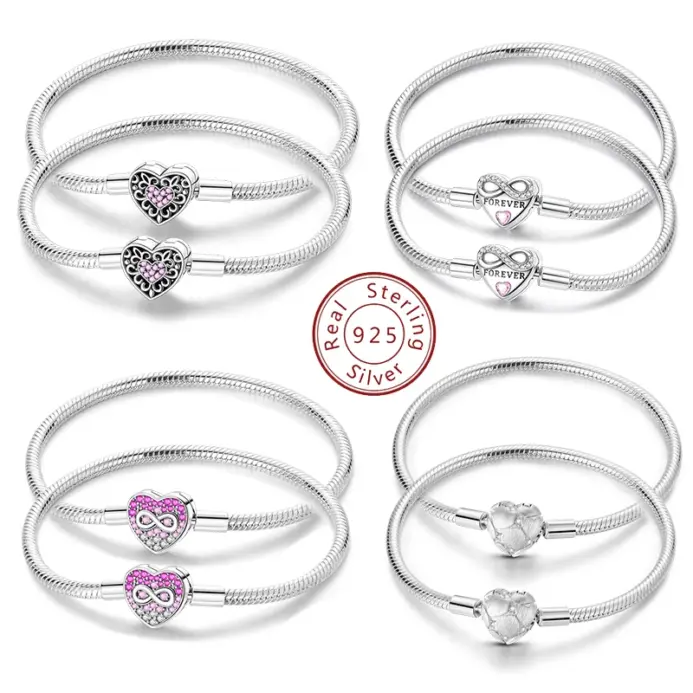 Pulsera Original de Plata de Ley 925, pulsera con dijes de 17-20CM, pulsera de circonia pavimentada con corazón de amor para mujer, regalos de joyería DIY 1