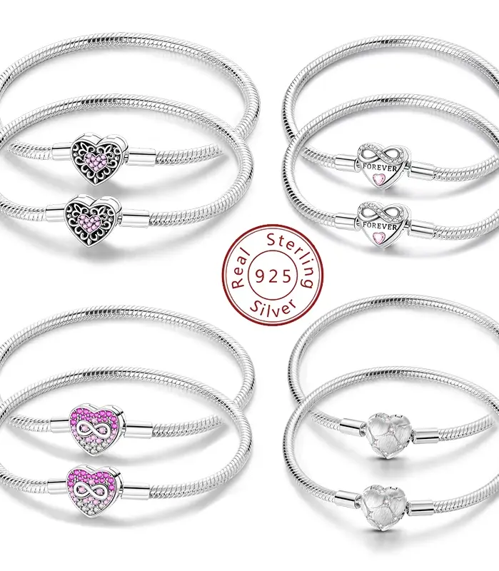 Pulsera Original de Plata de Ley 925, pulsera con dijes de 17-20CM, pulsera de circonia pavimentada con corazón de amor para mujer, regalos de joyería DIY 1