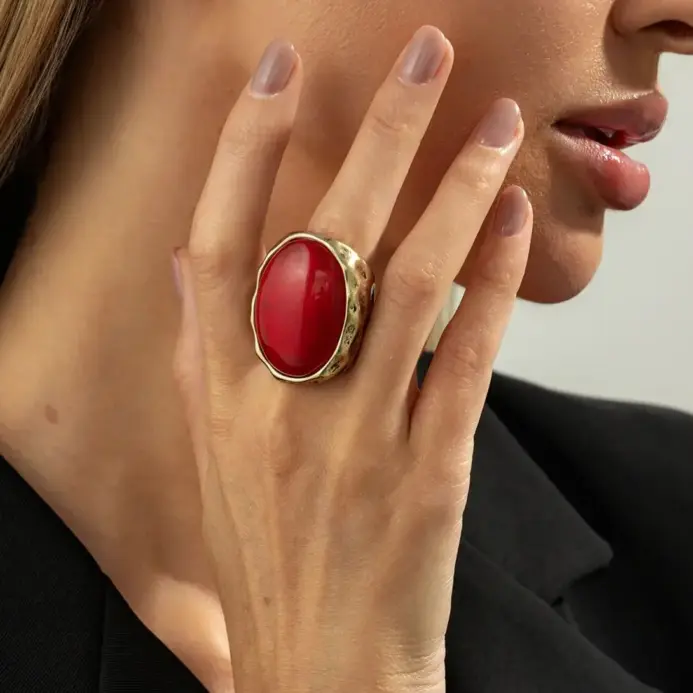 anillos anchos de resina geométrica ovalada roja Vintage, anillos gruesos clásicos elegantes de Color dorado, joyería de moda para festivales de música 1