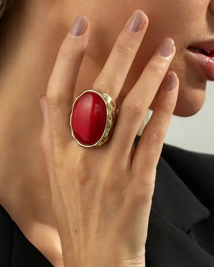 anillos anchos de resina geométrica ovalada roja Vintage, anillos gruesos clásicos elegantes de Color dorado, joyería de moda para festivales de música 1