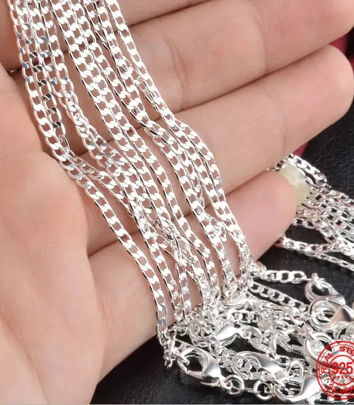 Collar plano de Plata de Ley 925 de 2MM, cadena para mujeres y hombres, joyería para fiesta y boda, regalo 1