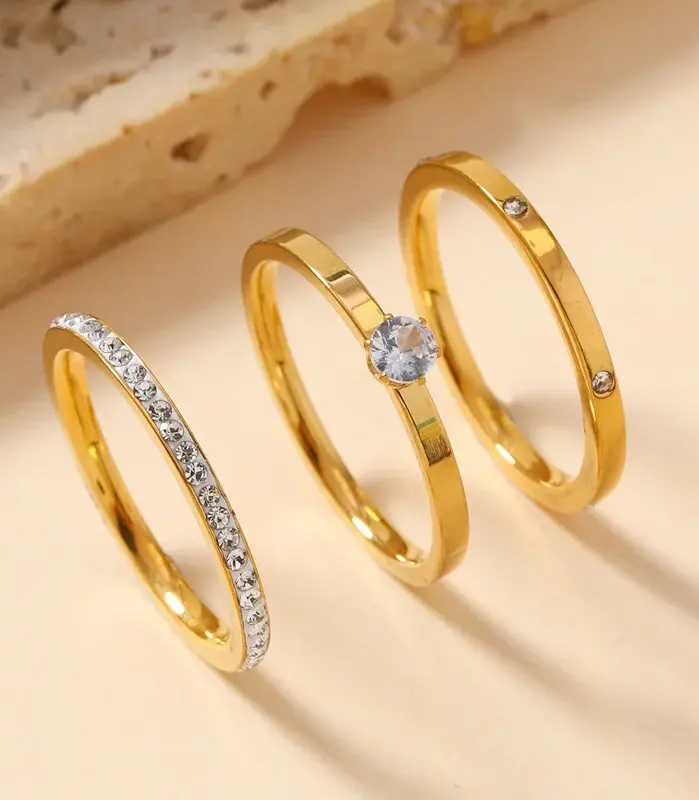 Anillo de acero inoxidable de lujo para mujer, conjunto de tres piezas de circón, accesorio clásico de moda para dedo, joyería, regalos femeninos al por mayor 1